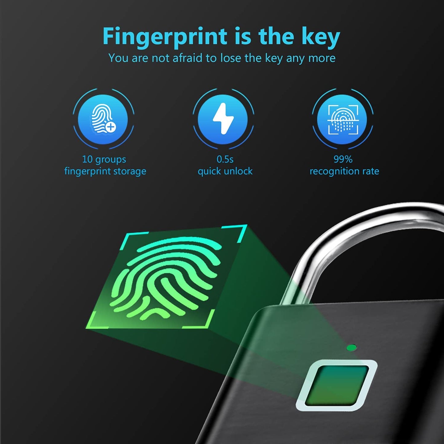 Fingerprint Padlock, Fingerprint Waterproof Keyless Anti-Theft, Security Digital Lock Portable for Locker, Gym, Door, Luggage, Suitcase, Handbags, Wardrobes,Black