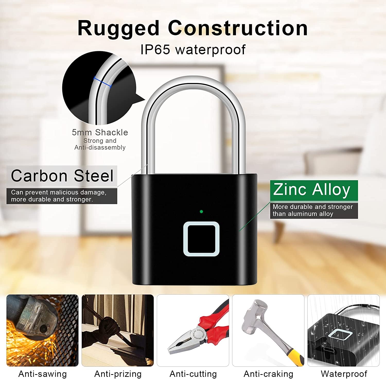 Fingerprint Padlock, Fingerprint Waterproof Keyless Anti-Theft, Security Digital Lock Portable for Locker, Gym, Door, Luggage, Suitcase, Handbags, Wardrobes,Black